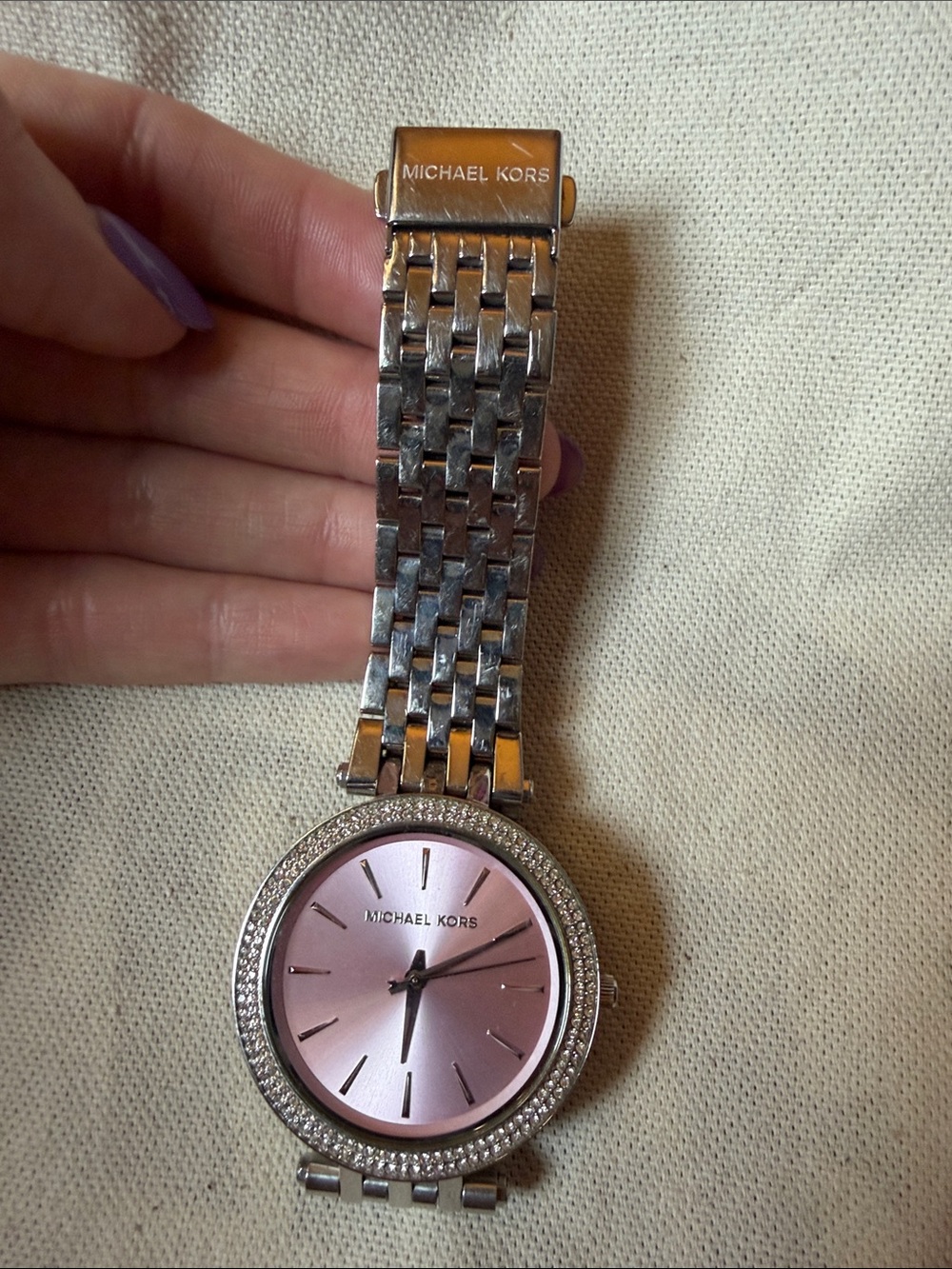 Michael Kors Silver Watch with Pink Dial and Crystal Bezel